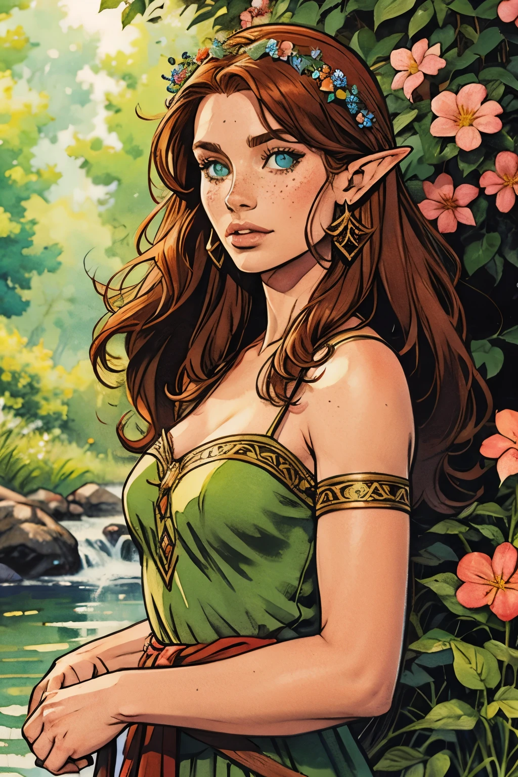 (water colour: 1.2), elf princess, flowers, freckles, bangss, redheadwear, long hair, greeneyes, hair between the eyes, flowers earrings, nblurry background, high resolution  