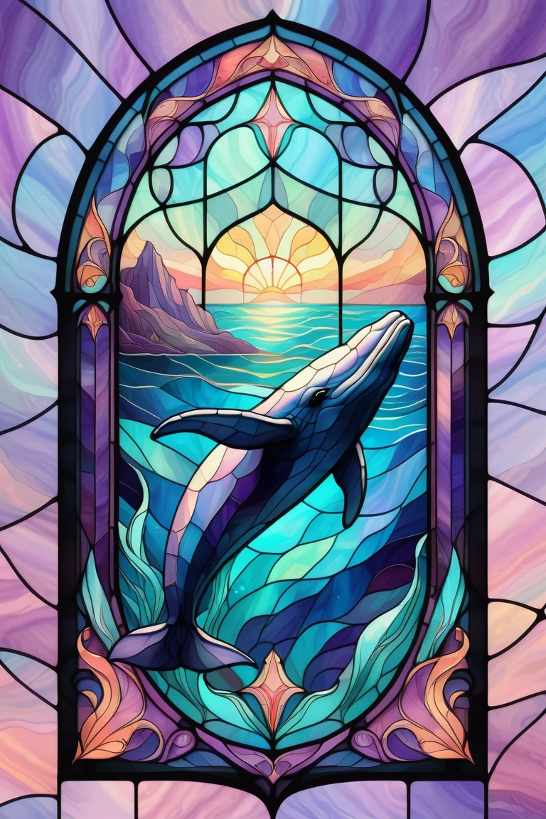 2D Stained Glass soft,pastel colors,whale in window frame. dungeons and dragons art. symmetrical design, in the style of stained glass. Digital stained glass style. pastel color scheme