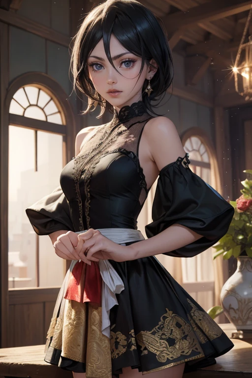 Rukia Kuchiki_(Bleach), ornament hair, black hair, long hair, 1 girl, Looking at the viewer, flowing hair, Beautiful Eyes, Plump and glossy lips, Idol, dress with too many frills, black dress, gold laces, black Short skirt, Drape clothes, red gem, Lace trim, traditional japanese style, oriental architecture, lux garden, garden scene, luxury gold details, gold jewelry, more details, best quality, Big sparkling eyes, blushing, Striped Lace Stockings, black Lolita skirt, sparkle, solo, centered girl, cowboy shot, perfectly body, perfectly hands, two arms, two legs, two hands, five fingers, perfect anatomy, glowing hair, red roses, 1girl, dress, solo, flowing hair, floating hair, ornament hair, perfectly body, perfectly hands, on the grass, sparkles, more details on her clothes, dress with transparency, golden details on her dress, night, holding a white katana, Best quality, cleavage, small skirt, full Body, two arms, two legs, two hands, five fingers, ((4k, masterpiece, top-quality)), 8k, best quality, high resolution, UHD, (illustration:0.8), super cute girl, delicate and beautiful face, mature girl, super cute hairstyle, (beautiful detailed eyes:1.6), extremely detailed face, perfect lighting, extremely detailed CG, (perfect hands, perfect anatomy)