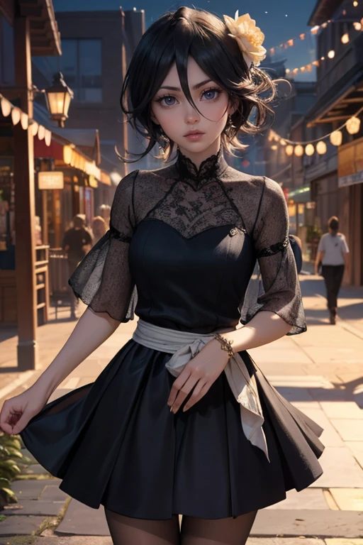 Rukia Kuchiki_(Bleach), ornament hair, black hair, long hair, 1 girl, Looking at the viewer, flowing hair, Beautiful Eyes, Plump and glossy lips, Idol, dress with too many frills, black dress, gold laces, black Short skirt, Drape clothes, red gem, Lace trim, traditional japanese style, oriental architecture, lux garden, garden scene, luxury gold details, gold jewelry, more details, best quality, Big sparkling eyes, blushing, Striped Lace Stockings, black Lolita skirt, sparkle, solo, centered girl, cowboy shot, perfectly body, perfectly hands, two arms, two legs, two hands, five fingers, perfect anatomy, glowing hair, red roses, 1girl, dress, solo, flowing hair, floating hair, ornament hair, perfectly body, perfectly hands, on the grass, sparkles, more details on her clothes, dress with transparency, golden details on her dress, night, holding a white katana, Best quality, cleavage, small skirt, full Body, two arms, two legs, two hands, five fingers, ((4k, masterpiece, top-quality)), 8k, best quality, high resolution, UHD, (illustration:0.8), super cute girl, delicate and beautiful face, mature girl, super cute hairstyle, (beautiful detailed eyes:1.6), extremely detailed face, perfect lighting, extremely detailed CG, (perfect hands, perfect anatomy)