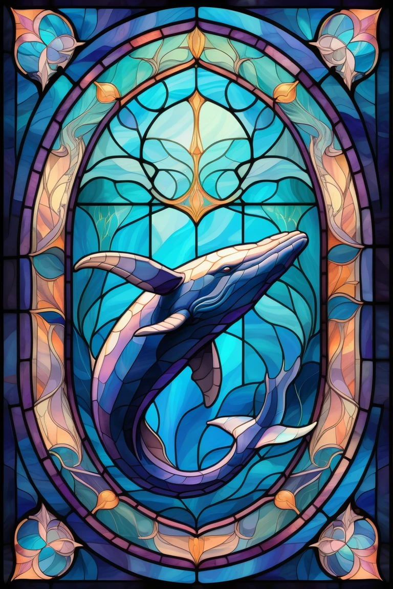 2D Stained Glass soft,pastel colors,blue whale in window frame. dungeons and dragons art. symmetrical design, in the style of stained glass. Digital stained glass style. pastel color scheme