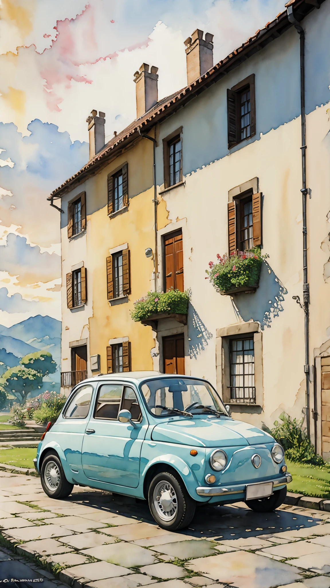 (Meisterwerk:1.2, höchste Qualität),(Sehr detailiert),(((Aquarell))),8K,HINTERGRUND,Cremefarbener Fiat 500,Castle of Cagliostro,blauer Himmel,(((Ghibli-Stil))),透明Aquarell