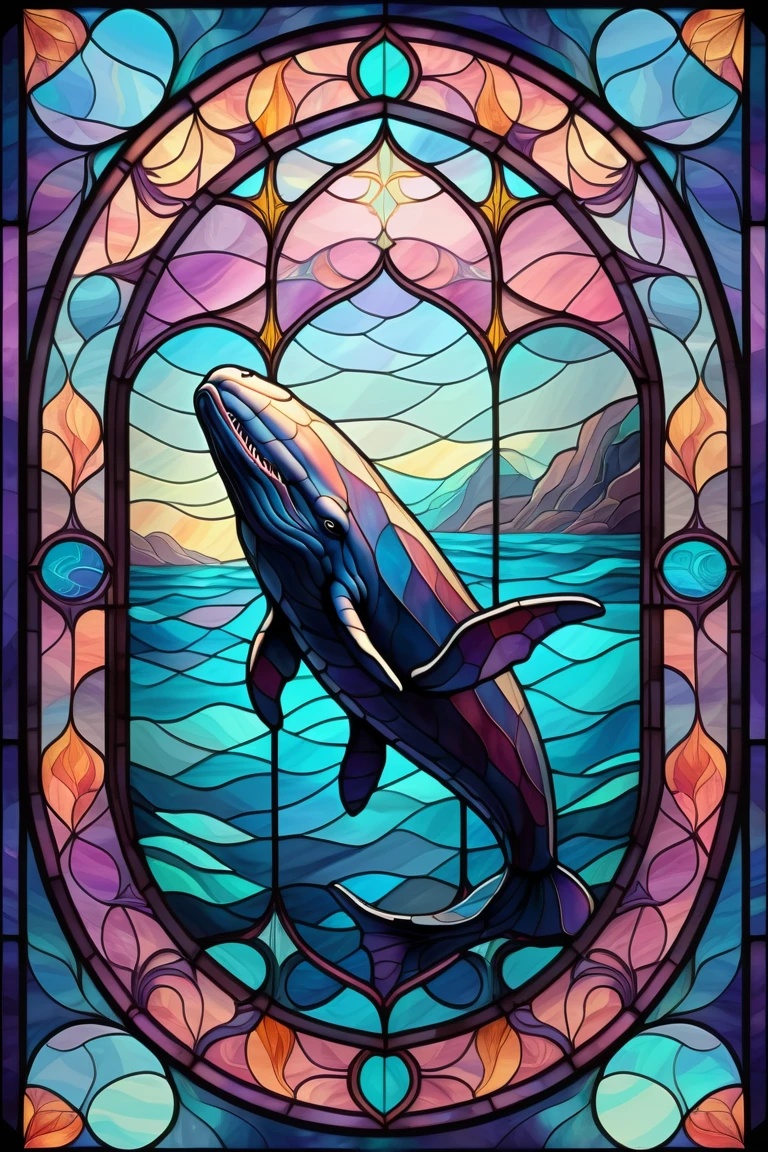 2D Stained Glass soft,pastel colors,sperm whale in window frame. dungeons and dragons art. symmetrical design, in the style of stained glass. Digital stained glass style. pastel color scheme