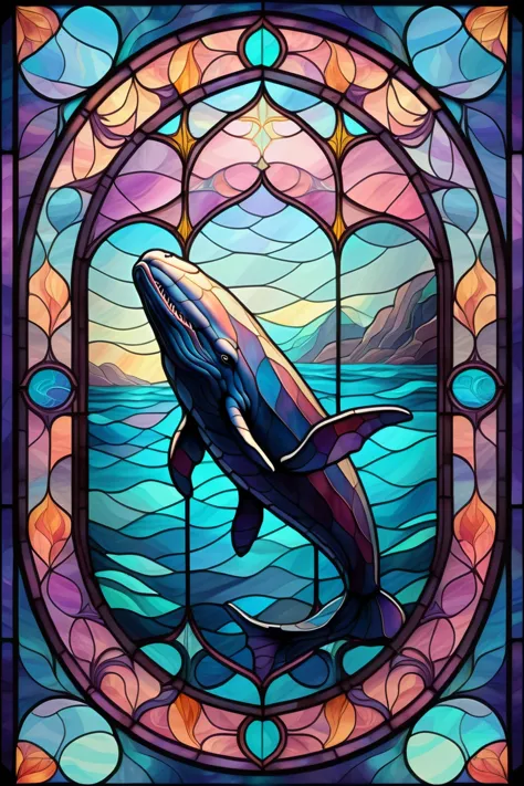 2d stained glass soft,pastel colors,sperm whale in window frame. dungeons and dragons art. symmetrical design, in the style of s...