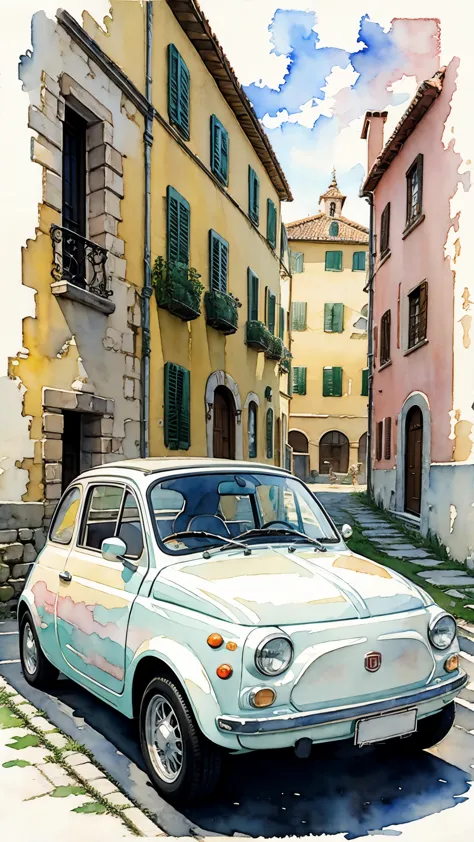 (masterpiece:1.2, Highest quality),(Very detailed),(((watercolor))),8K,wallpaper,Cream-colored Fiat 500,Castle of Cagliostro,moo...