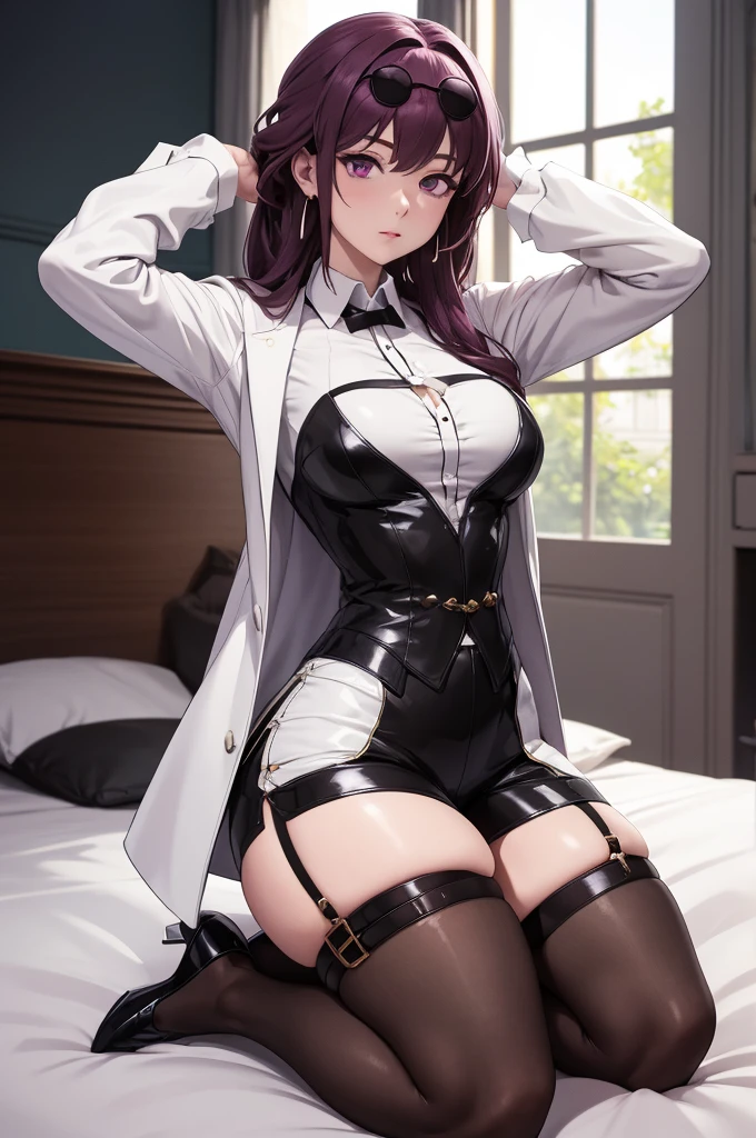 masterpiece, (detailed, highres, best quality), 1girl, kafkerdef, earrings, eyewear on head, sunglasses, white shirt, black jacket, long sleeves, purple gloves, shorts, pantyhose, thigh strap, seiza, arms behind head, bed