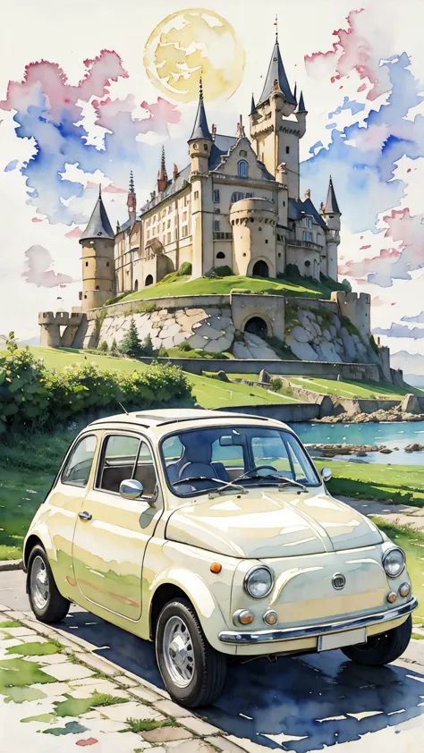 (masterpiece:1.2, Highest quality),(Very detailed),(((watercolor))),8K,wallpaper,Cream-colored Fiat 500,With the castle in the b...