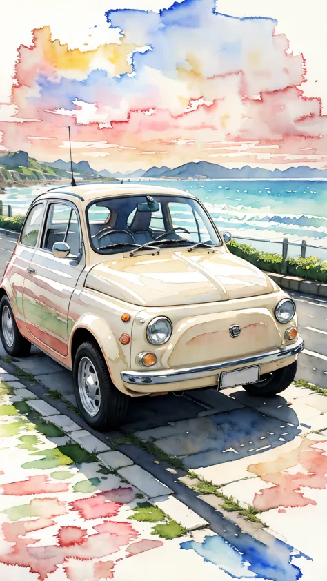 (masterpiece:1.2, Highest quality),(Very detailed),(((watercolor))),8K,wallpaper,A cream-colored Fiat 500 driving along the seas...