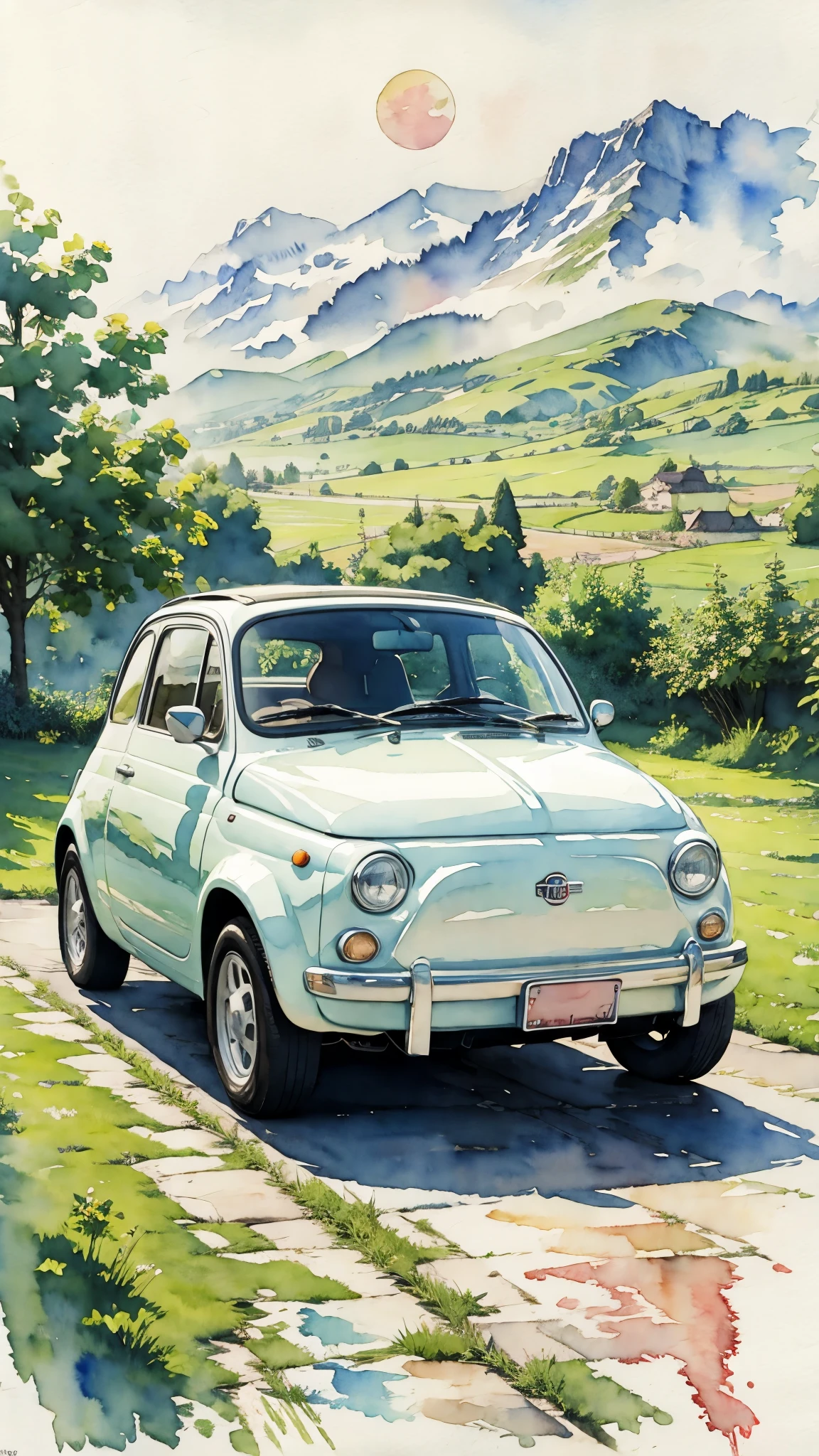 (masterpiece:1.2, Highest quality),(Very detailed),(((watercolor))),8k,wallpaper,A cream-colored Fiat 500 driving through the countryside,moon,(((Ghibli style))),Transparent watercolor