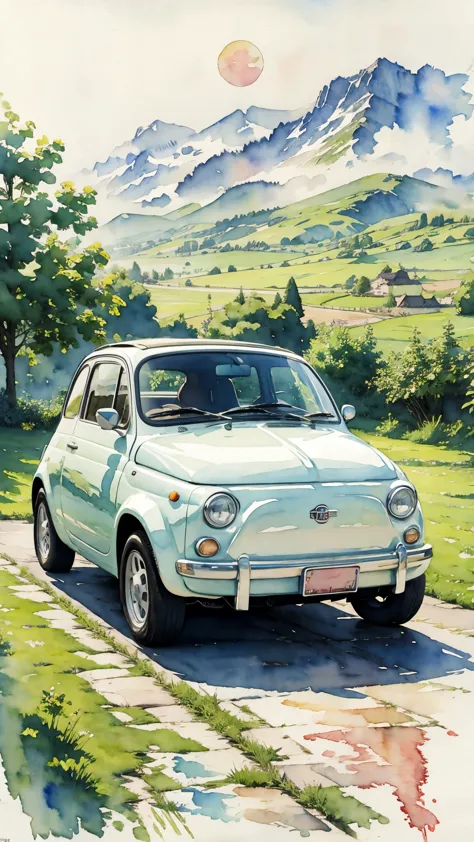 (masterpiece:1.2, Highest quality),(Very detailed),(((watercolor))),8K,wallpaper,A cream-colored Fiat 500 driving through the co...