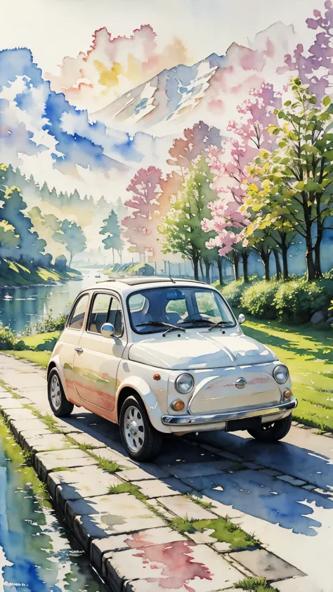 (masterpiece:1.2, Highest quality),(Very detailed),(((watercolor))),8K,wallpaper,Cream-colored Fiat 500,Fiat 500 running on Rive...
