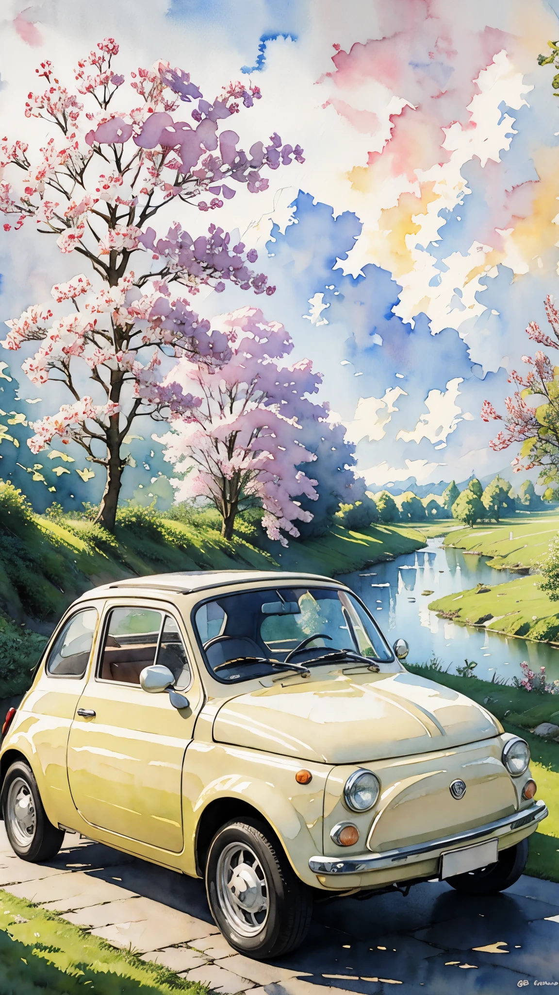 (masterpiece:1.2, Highest quality),(Very detailed),(((watercolor))),8k,wallpaper,Cream-colored Fiat 500,Riverside Road,moon,(((Ghibli style))),Transparent watercolor
