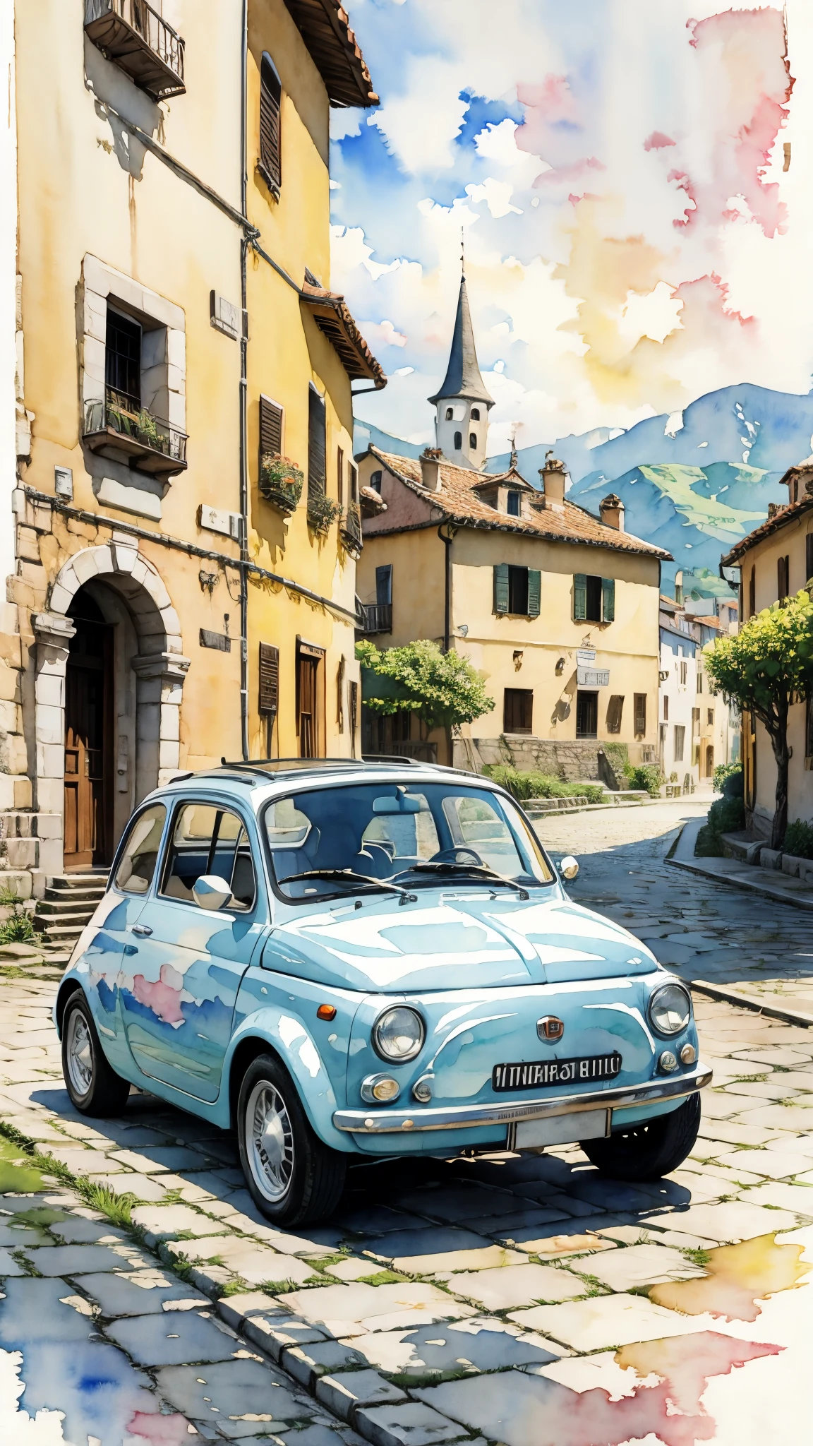 (masterpiece:1.2, Highest quality),(Very detailed),(((watercolor))),8k,wallpaper,Cream-colored Fiat 500,Castle of Cagliostro,blue sky,(((Ghibli style))),Transparent watercolor