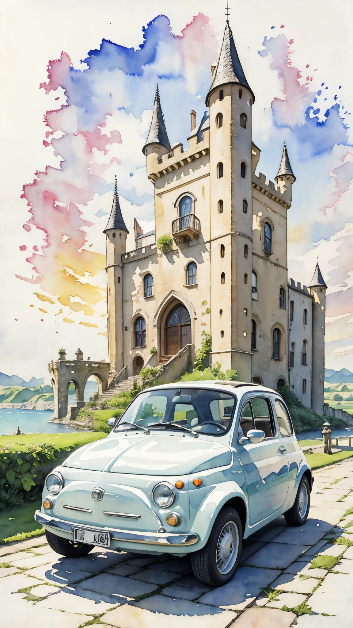 (masterpiece:1.2, Highest quality),(Very detailed),(((watercolor))),8k,wallpaper,Cream-colored Fiat 500,With the castle in the background,blue sky,(((Ghibli style))),Transparent watercolor
