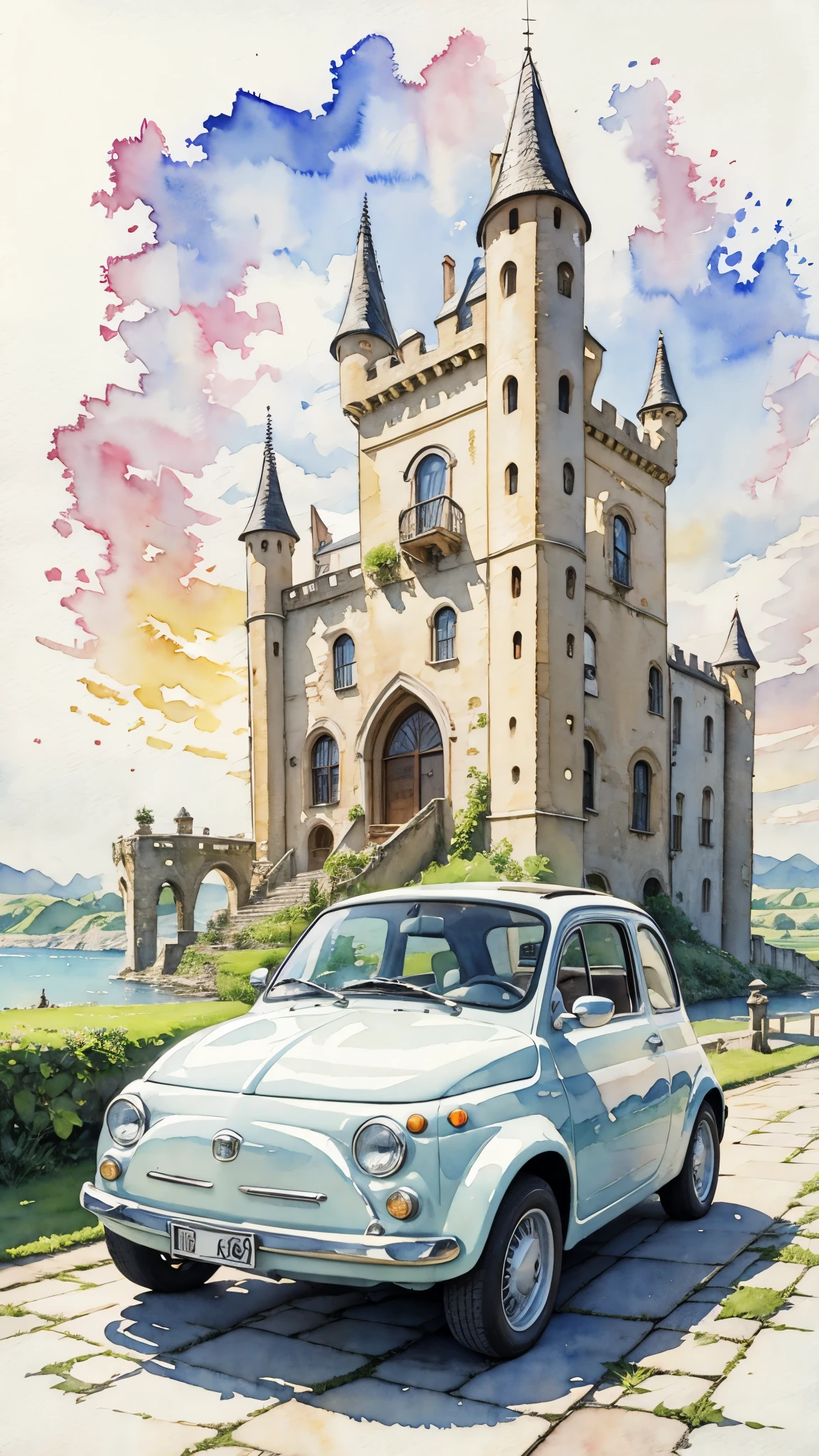 (chef-d&#39;œuvre:1.2, la plus haute qualité),(très détaillé),(((aquarelle))),8k,fond d&#39;écran,Fiat 500 de couleur crème,Avec le château en arrière-plan,ciel bleu,(((À la manière de Ghibli))),透明aquarelle