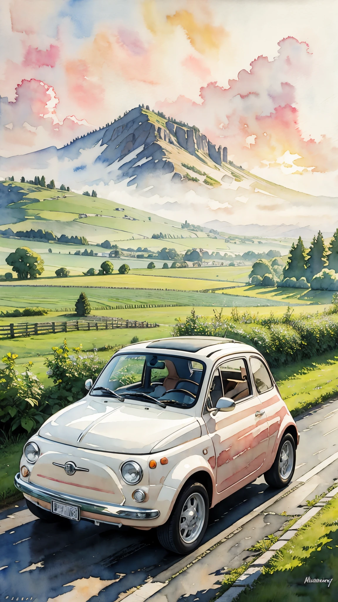 (Meisterwerk:1.2, höchste Qualität),(Sehr detailiert),(((Aquarell))),8K,HINTERGRUND,Ein cremefarbener Fiat 500 fährt durch die Landschaft,Sonnenuntergang,(((Ghibli-Stil))),透明Aquarell