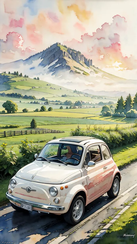 (masterpiece:1.2, Highest quality),(Very detailed),(((watercolor))),8K,wallpaper,A cream-colored Fiat 500 driving through the co...