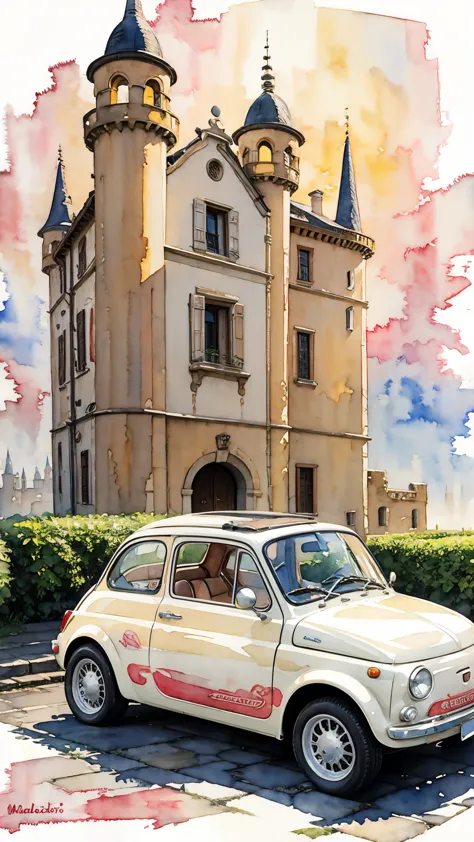 (masterpiece:1.2, Highest quality),(Very detailed),(((watercolor))),8K,wallpaper,Cream-colored Fiat 500,Castle of Cagliostro,Sun...