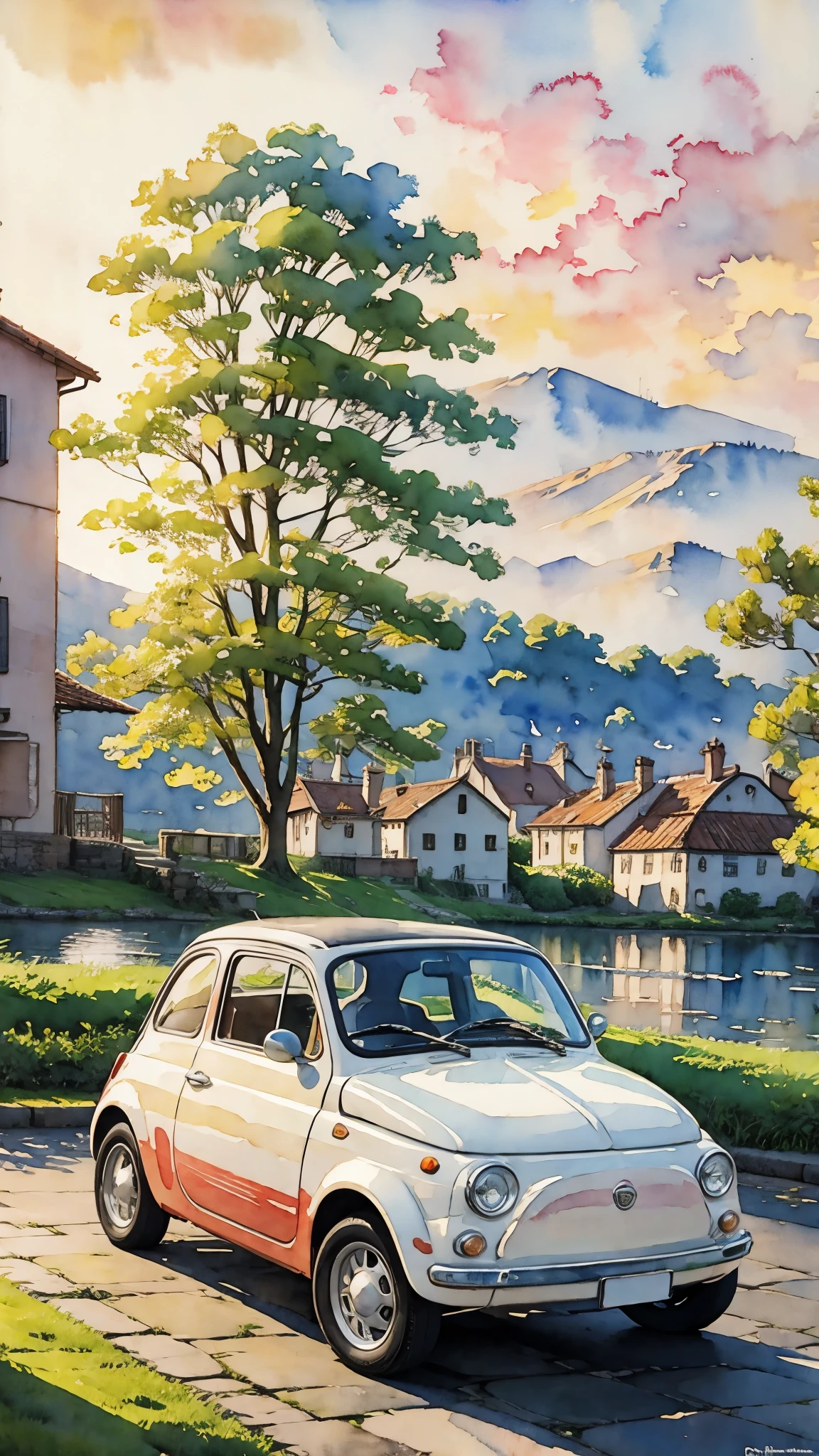(masterpiece:1.2, Highest quality),(Very detailed),(((watercolor))),8K,wallpaper,Cream-colored Fiat 500,Riverside Road,Sunset,(((Ghibli style))),Transparent watercolor