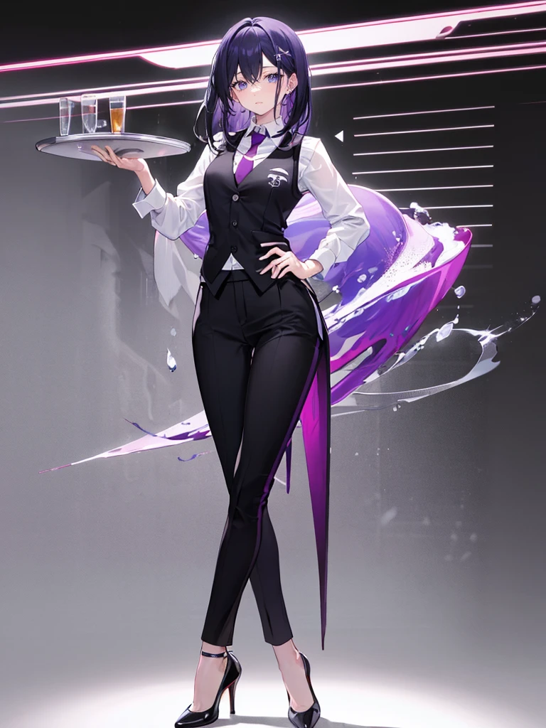 purple,(((High cut layered hair))),woman,bartender,vest,shirt,tie,pants,high heels,all,simple background,smile,whole body,full body,full body,Standing picture,vtuber,upright,,look forward to,body facing forward