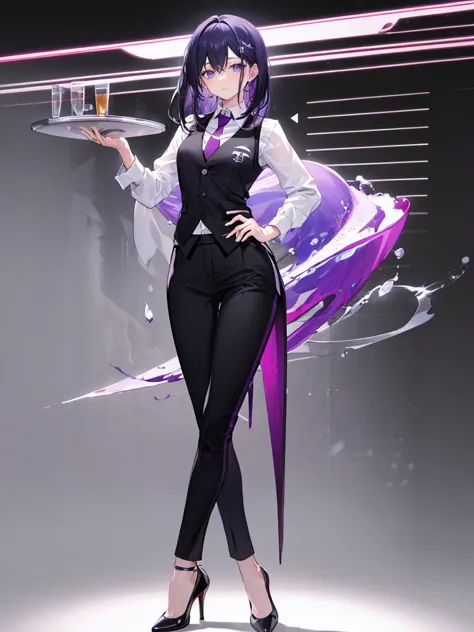 purple,(((High cut layered hair))),woman,bartender,vest,shirt,tie,pants,high heels,all,simple background,smile,whole body,full b...