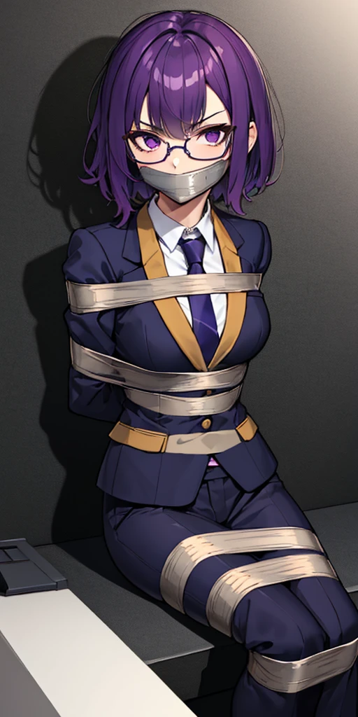 (masterpiece), best quality, expressive eyes, highres, anatomically correct, 1girl, perfect face, perfect hands, female, short hair, messy hair, wavy hair, purple hair, side bang, purple eyes, fair skin, medium chest, slight smirk, bondage, tied up, restrained, restricted, tied, harness, rope, arms behind back, hands behind back, purple glasses, purple suit, tie, pants, vest, blazer, gloves, gagged
