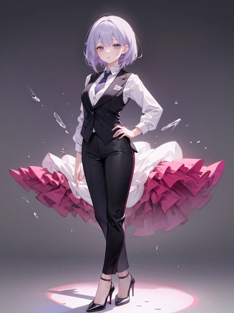 purple,(((layered cut hair))),woman,bartender,vest,shirt,tie,pants,high heels,all,simple background,smile,whole body,full body,full body,Standing picture,vtuber,upright,,look forward to,body facing forward