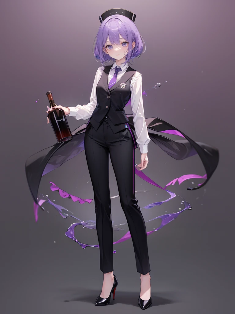 purple,(((layered cut hair))),woman,bartender,vest,shirt,tie,pants,high heels,all,simple background,smile,whole body,full body,full body,Standing picture,vtuber,upright,,look forward to,body facing forward