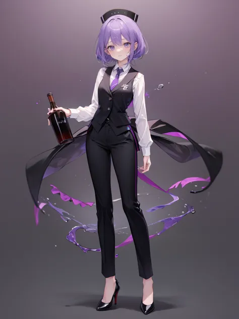 purple,(((layered cut hair))),woman,bartender,vest,shirt,tie,pants,high heels,all,simple background,smile,whole body,full body,f...