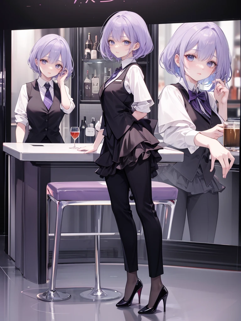 purple,(((layered cut hair))),woman,bartender,vest,shirt,tie,pants,high heels,all,simple background,smile,whole body,full body,full body,Standing picture,vtuber,upright,,look forward to,body facing forward