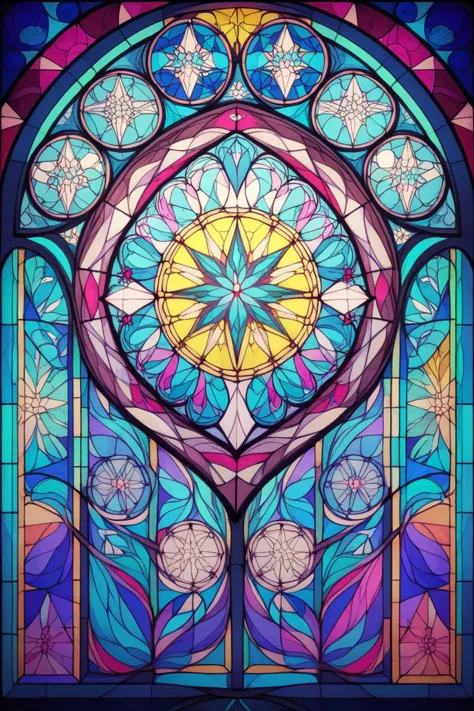 2d stained glass soft,pastel colors,whale in window frame. dungeons and dragons art. symmetrical design, in the style of stained...