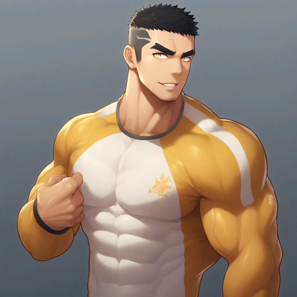 アニメキャラクター：ギー, 筋肉スポーツ学生, 1 筋肉質 tough guy, 男らしさ, 男性中心, ライトイエローの長袖タイツ, とてもきつい, 胸筋は大きすぎる, わずかに透明, 筋肉質 male, 筋肉質, のみ, 上半身, 一人で, 黒のショートヘア, 太い眉毛, 無精ひげ, 黄色い目, 灰色の背景, シンプルな背景, 素晴らしい品質, 最高の美学, ばかげている, 明るい瞳, クルーカット, 唇を離した, 魅惑的な笑顔, トロガオ, いたずら顔, 影を落とす, 最高品質