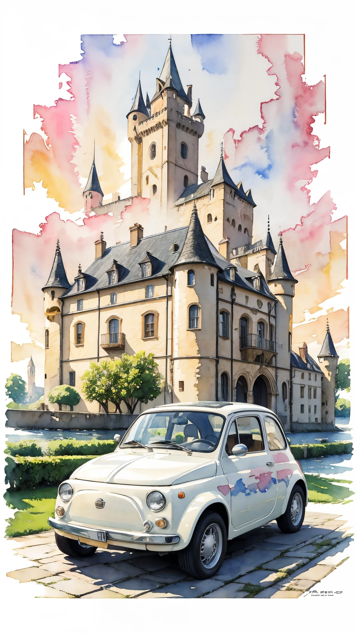 (masterpiece:1.2, Highest quality),(Very detailed),(((watercolor))),8K,wallpaper,Cream-colored Fiat 500,With the castle in the background,Night Sky,(((Ghibli style))),Transparent watercolor