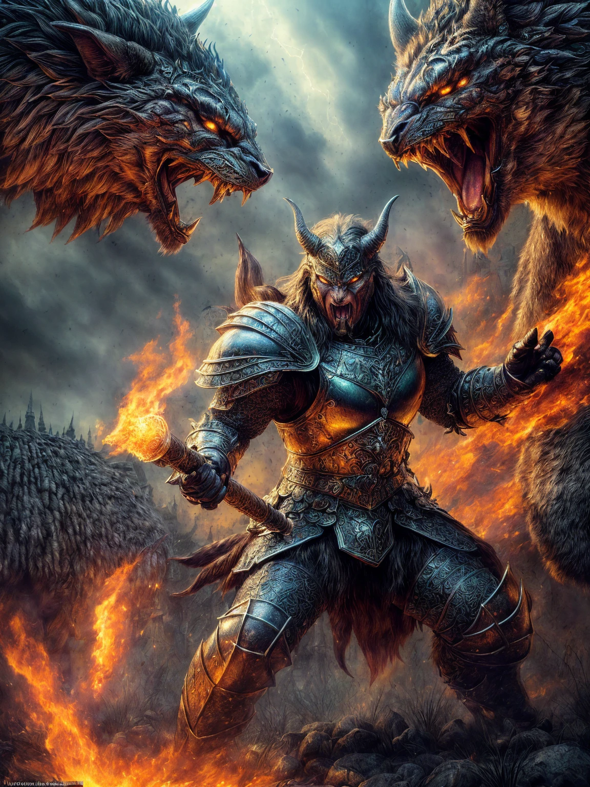 (Award-winning masterpiece:1.5), (incredible detail), (hyper realistic:1.4), (whole body:1.7), (witches defending their village), (brutal creature roaring in fury), (intense battle scene), (detailed depiction of enchanted armor and weapons), (blood-stained ground), (dramatic lighting), (intricate details:1.1)