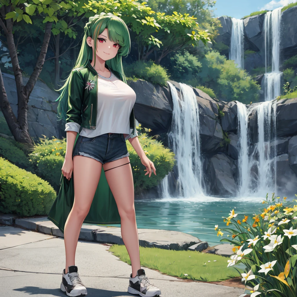 Uma mulher vestindo uma jaqueta de couro verde de manga comprida, camisa branca, shorts jeans preto, coxa exposta, tênis casuais, cabelo verde, cabelo longo, franja vermelha, cabelo multicolorido, olhos vermelhos, caminhando em uma calçada de concreto em um parque, fundo de cachoeira, sorridente, seios grandes, Rosto Perfeito, Olhos muito detalhados, ultra qualidade,(mulher sozinha),.HDR, ultra resolução, bem definido, obra de arte, 8k hd. (mulher sozinha)
