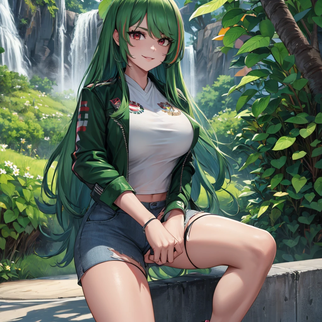 A woman wearing a long-sleeved green leather jacket, white shirt, black denim shorts, exposed thigh, casual sneakers, green hair, long hair, red bangs, multicolored hair, red eyes, walking on a concrete sidewalk in a park, waterfall background, smiling, big breasts, perfect face, very detailed eyes, ultra quality,(solo woman),.HDR, ultra resolution, well defined, masterpiece, 8K HD. (solo woman)
