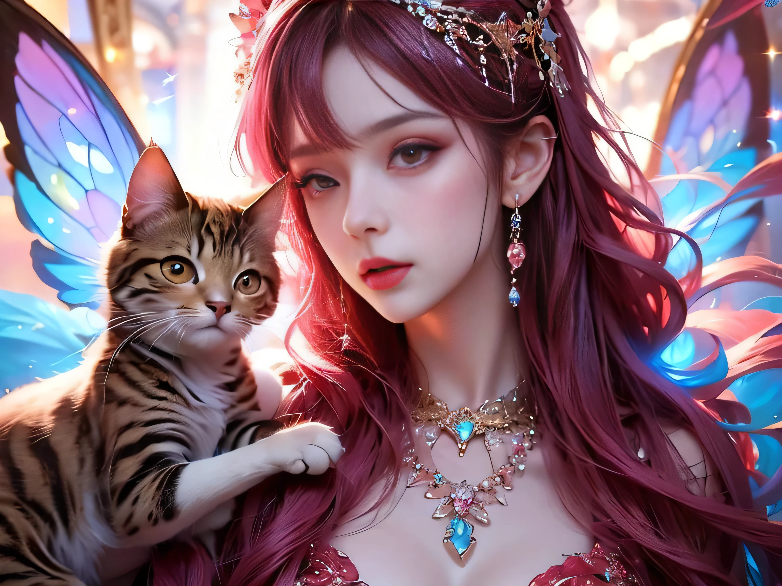 (Best Quality, 8K, Masterpiece, HDR, Soft Lighting, Picture Perfect, Realistic, Vivid), Cat Girl (1.0), Cat Girl with Red Hair and brown eyes and Sexy Revealing Clothes, Pink Bodysuit with Glitter Texture, Beautiful Anime Fantasy, Very beautiful and cute cat girl, large pink butterflies fly around, background blur, anime fantasy, work in Gouves style, realistic: 1.37, top view, red cat girl lies in blue flowers, large pink butterflies fly around, horizontal view, (Ultra High Quality Fantasy Art), Masterpiece, Female Model, Ultra High Quality Female Character Designs, Detailed 8k Anime Art, Realistic Anime Art, Highest Quality Wallpapers, Intricate Ultra High Quality Accurate Female Character Faces, High Quality Designs and Accurate Physics (Fantasy - Ultra High Quality) quality) quality)) art), dark fantasy style), masterpieces, super high-quality characters, anime resolution - 8K, realistic anime art, wallpaper with the highest quality illustrations, ultra-high detail of faces, high-quality design and accurate physics), color, depth of field, shadows, ray tracing, high quality workmanship. -high quality and 8K resolution, (Accurate simulation of the interaction of light and materials)], [High-quality hair detail [More about beautiful and shiny red hair]], (Beautifully detailed hands [perfect fingers [Perfect nails]]], (perfect anatomy (perfect proportions)))) [[Full-length]], [Perfect combination of colors (Accurate imitation of the interaction of light and material)], [art that conveys the meaning of the story](modified)