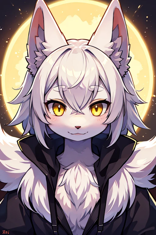 the debt, furry, White fur, face very close to the viewer, beautiful yellow eyes, very pretty face, Very detailed, beautiful lights, dark background