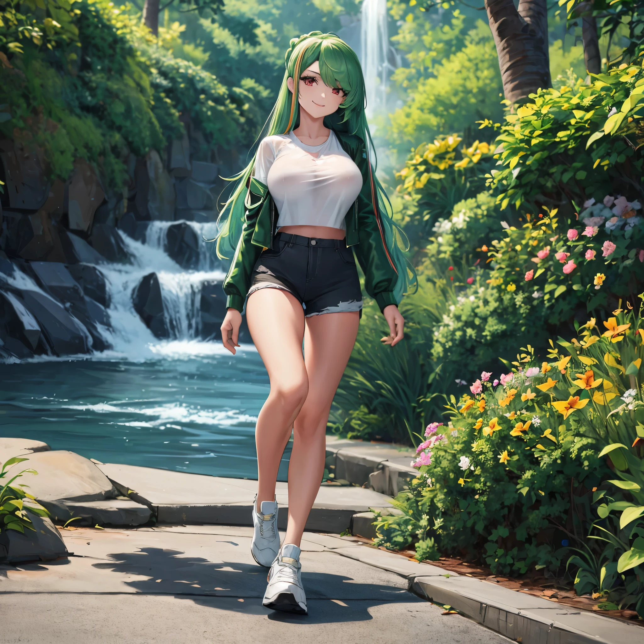 A woman wearing a long-sleeved green leather jacket, white shirt, black denim shorts, exposed thigh, casual sneakers, green hair, long hair, red bangs, multicolored hair, red eyes, walking on a concrete sidewalk in a park, waterfall background, smiling, big breasts, perfect face, very detailed eyes, ultra quality,(solo woman),.HDR, ultra resolution, well defined, masterpiece, 8K HD. (solo woman)
