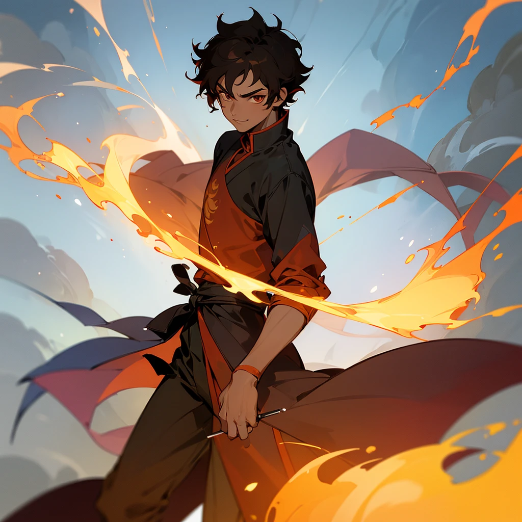 ((best qualityer)), ((work of art)), (detailded), 18 year old boy with dark brown curly hair, darkskin, ssmile, power of fire, anime avatar, 8k resolution, zuko fire nation clothes, a boy&#39;s avatar, gold eyes, burn scars all over the face, close up, fire nation noble, black boyty, holding a giant hammer, harlequin&#39;s hammer, prince zuko, scar on the face