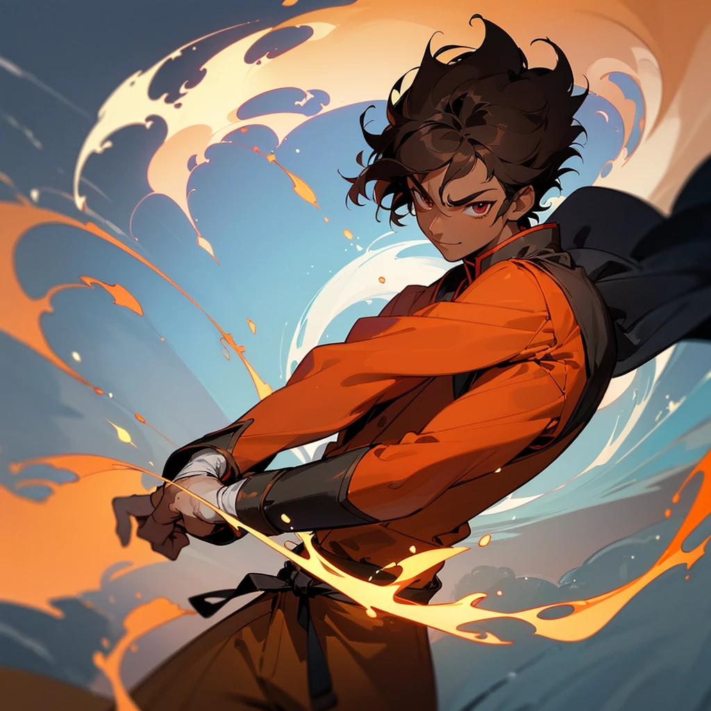 ((best qualityer)), ((work of art)), (detailded), 18 year old boy with dark brown curly hair, darkskin, ssmile, power of fire, anime avatar, 8k resolution, zuko fire nation clothes, a boy&#39;s avatar, gold eyes, burn scars all over the face, close up, fire nation noble, black boyty, holding a giant hammer, harlequin&#39;s hammer, prince zuko, scar on the face