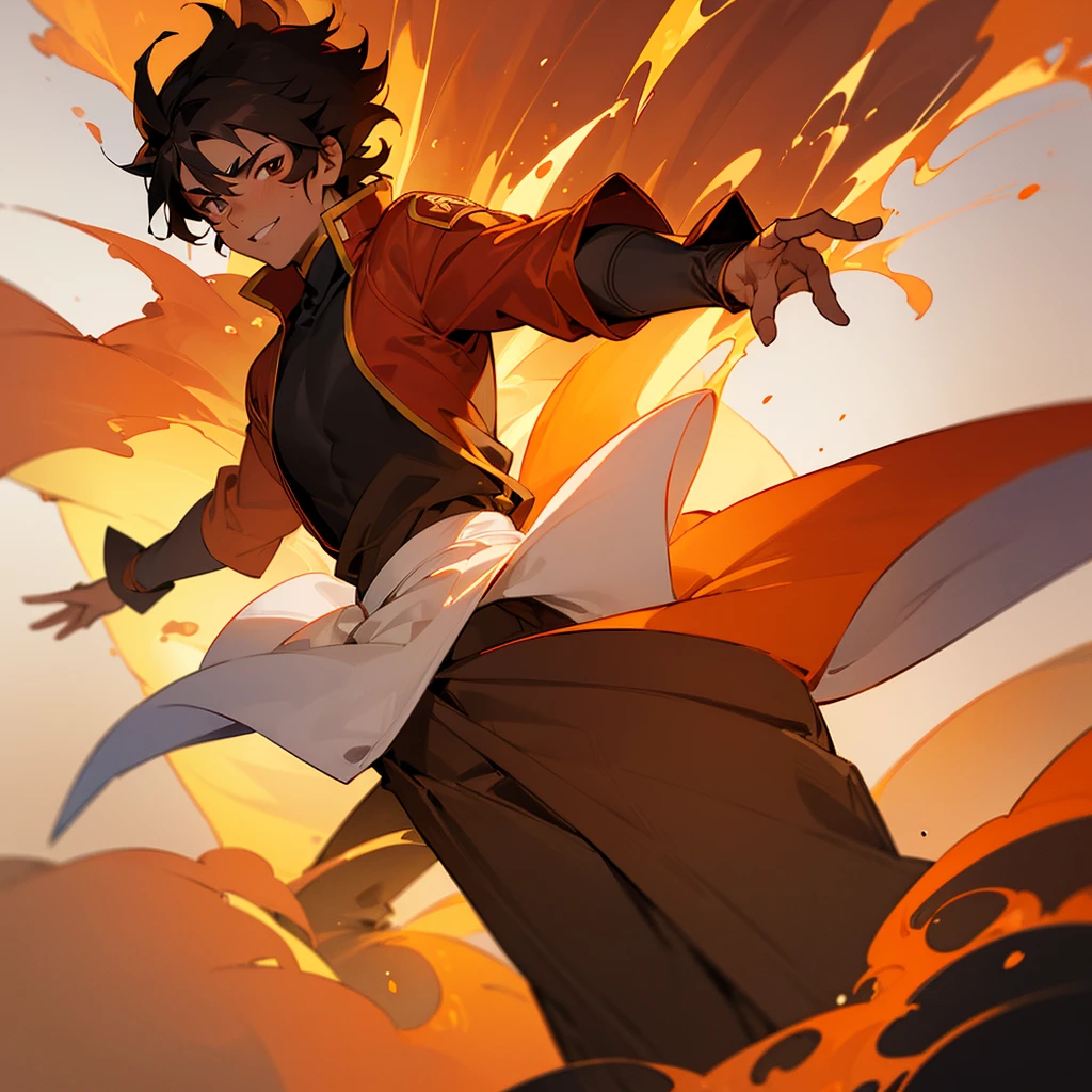 ((best qualityer)), ((work of art)), (detailded), 18 year old boy with dark brown curly hair, darkskin, ssmile, power of fire, anime avatar, 8k resolution, zuko fire nation clothes, a boy&#39;s avatar, gold eyes, burn scars all over the face, close up, fire nation noble, black boyty, holding a giant hammer, harlequin&#39;s hammer, prince zuko, scar on the face