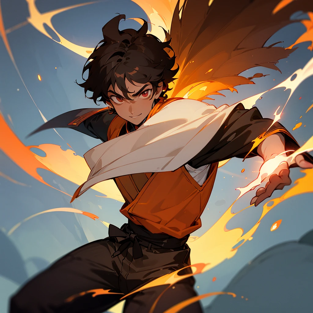 ((best qualityer)), ((work of art)), (detailded), 18 year old boy with dark brown curly hair, darkskin, ssmile, power of fire, anime avatar, 8k resolution, zuko fire nation clothes, a boy&#39;s avatar, gold eyes, burn scars all over the face, close up, fire nation noble, black boyty, holding a giant hammer, harlequin&#39;s hammer, prince zuko, scar on the face