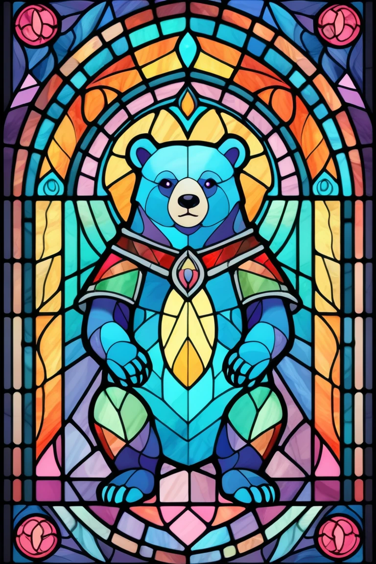 2D Stained Glass soft,pastel colors,poler bear in window frame. dungeons and dragons art. symmetrical design, in the style of stained glass. Digital stained glass style. pastel color scheme