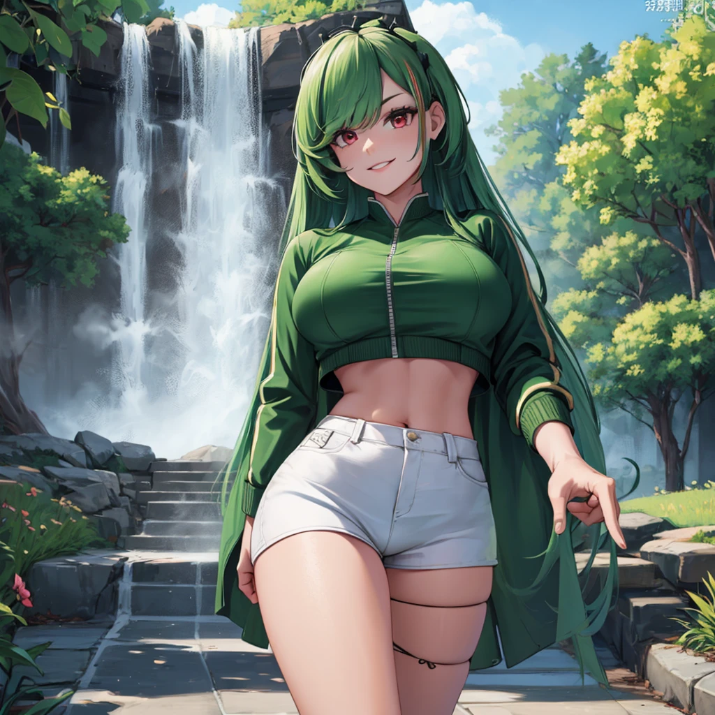 Uma mulher vestindo uma jaqueta de couro verde de manga comprida, camisa branca, shorts jeans preto, coxa exposta, tênis casuais, cabelo verde, cabelo longo, franja vermelha, cabelo multicolorido, olhos vermelhos, caminhando em uma calçada de concreto em um parque, fundo de cachoeira, sorridente, seios grandes, Rosto Perfeito, Olhos muito detalhados, ultra qualidade,(mulher sozinha),.HDR, ultra resolução, bem definido, obra de arte, 8k hd. (mulher sozinha)
