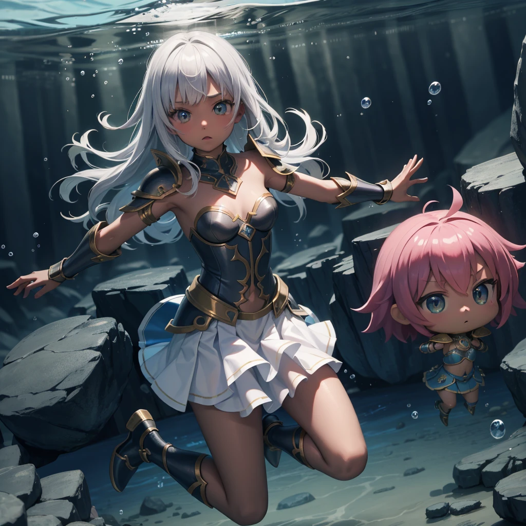 最high quality、high quality、Simple Cloth Armor、Chibi Girl Adventurer、Tiny breasts、Pitch-dark underground labyrinth、No light、skirt、Equipped with a dagger and a shield, Head above water、Lower body underwater, Underwater photography、Skirt flipped up by buoyancy