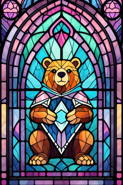 2d stained glass soft,pastel colors,poler bear in window frame. dungeons and dragons art. symmetrical design, in the style of st...