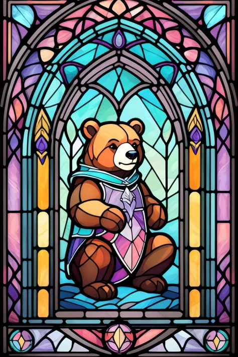 2d stained glass soft,pastel colors,poler bear in window frame. dungeons and dragons art. symmetrical design, in the style of st...