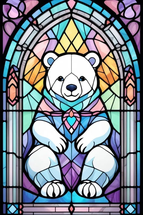 2d stained glass soft,pastel colors,white bear in window frame. dungeons and dragons art. symmetrical design, in the style of st...