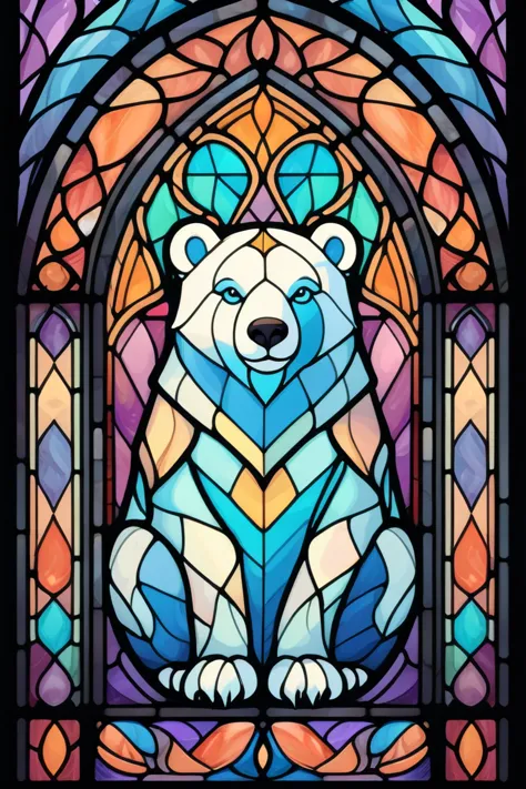 2d stained glass soft,pastel colors,white bear in window frame. dungeons and dragons art. symmetrical design, in the style of st...